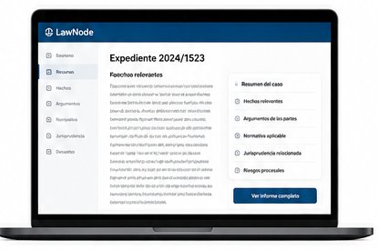 Interfaz de LawNode mostrando el análisis de un expediente judicial