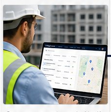 Trabajador de la construcción revisando proyectos en laptop en obra
